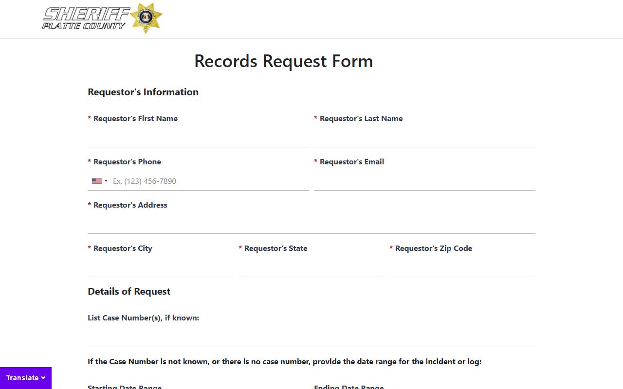 Platte County inmate records request form for jail records